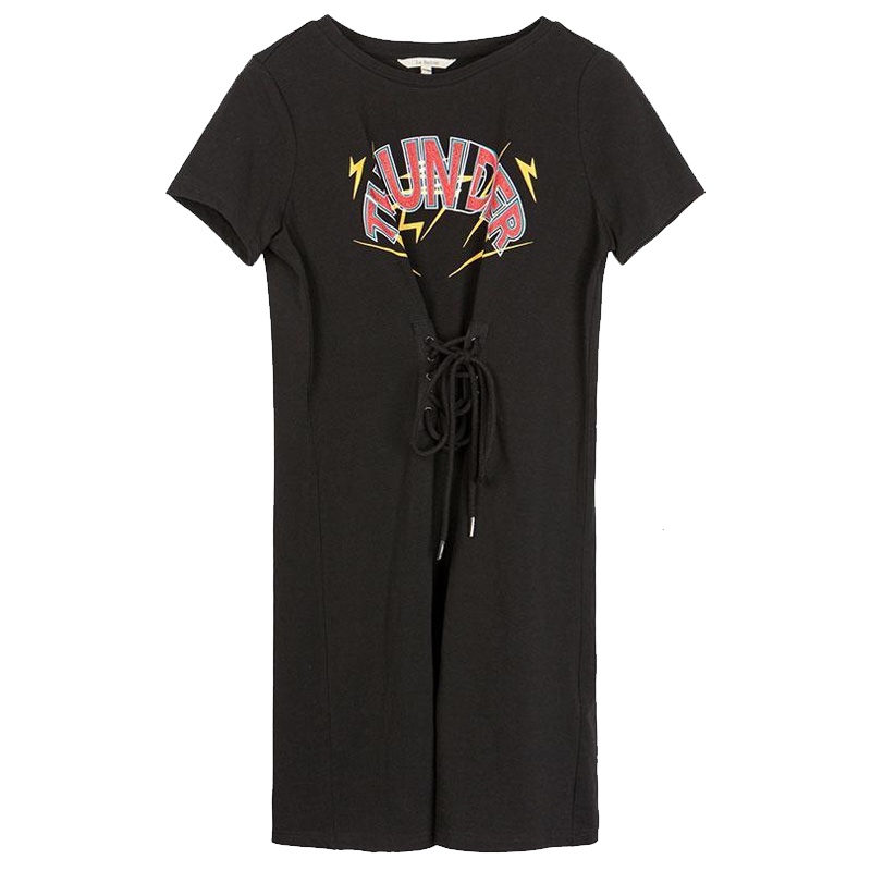 拉夏贝尔黑色桔梗连衣裙女小个子夏装新款流行中长款T恤裙子_416 S 黑色