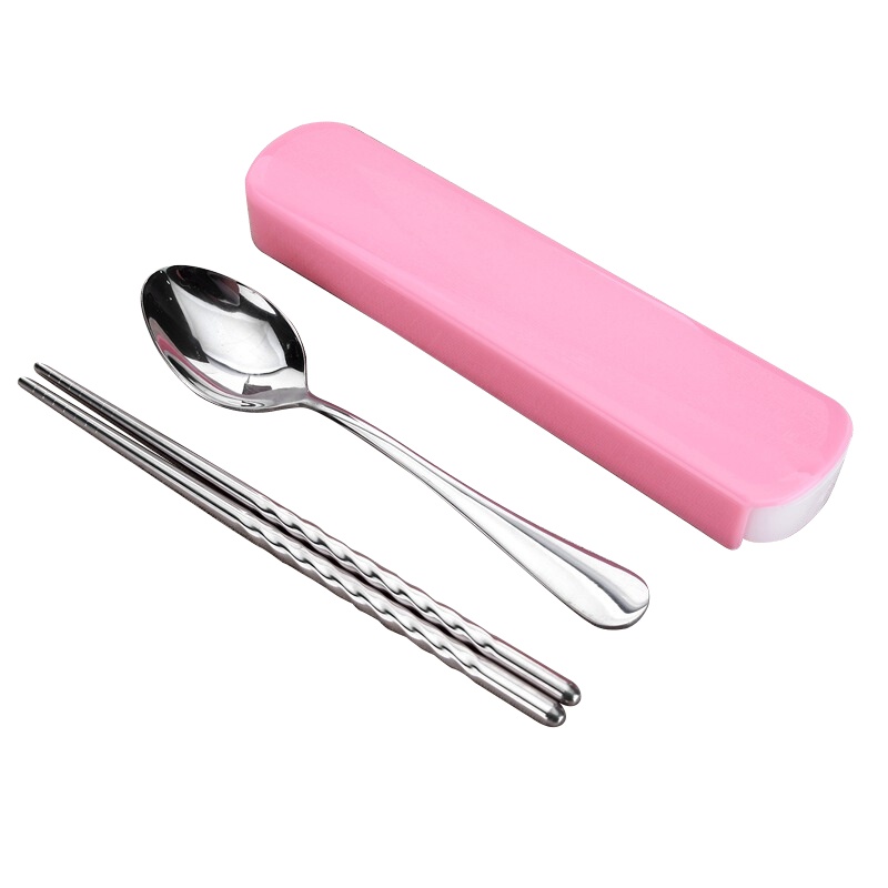 阳光飞歌 不锈钢筷子勺子餐具套装 创意波浪纹筷子学生白领便携餐具便携盒 甜心粉色