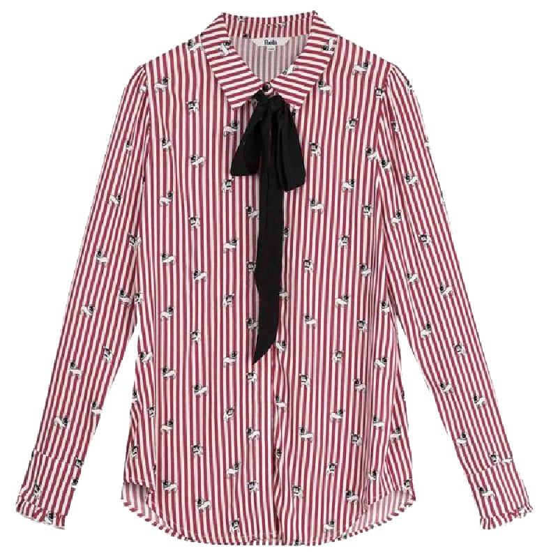 【热卖】长袖衬衫女2018春装新款韩版竖条纹碎花百搭日系领带小清新衬衣20011767
