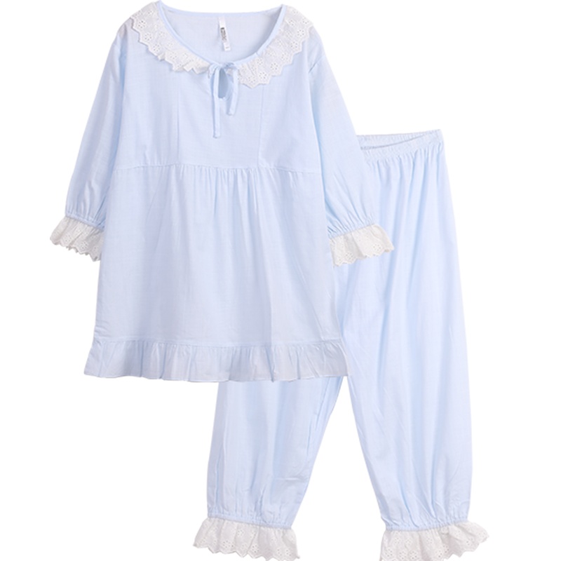 红豆居家(Hodohome)夏款女士睡衣七分袖荷叶边纯棉薄款宽松休闲可外穿家居服