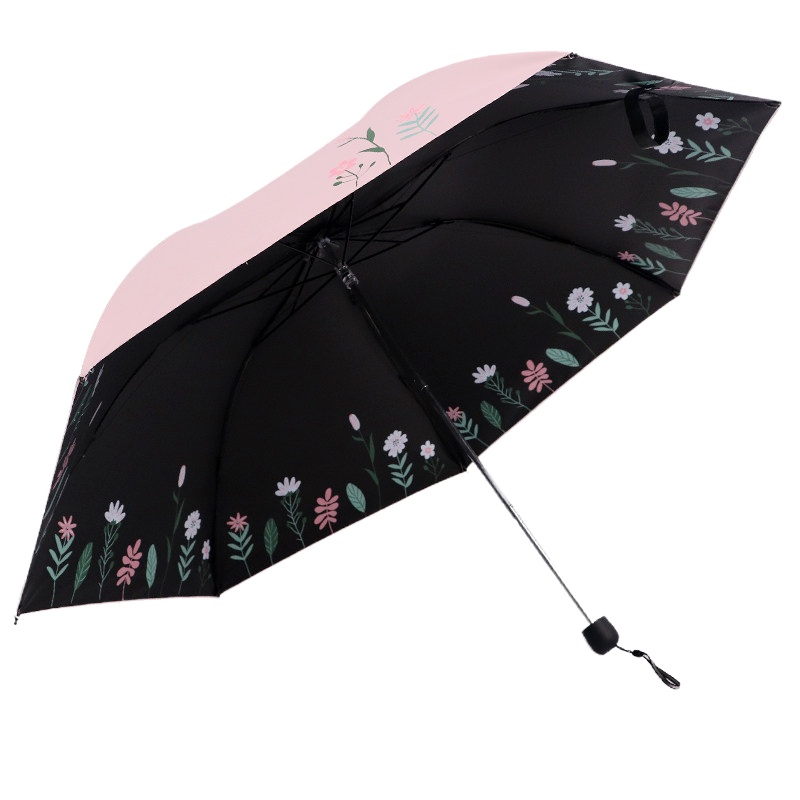 天堂伞太阳伞女遮阳伞轻巧两用晴雨伞折叠黑胶防晒小清新 粉红色-草色青青