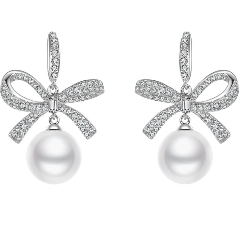 周大生蝴蝶结圆珍珠耳环女夏耳钉小众设计感气质耳饰S925纯银耳坠