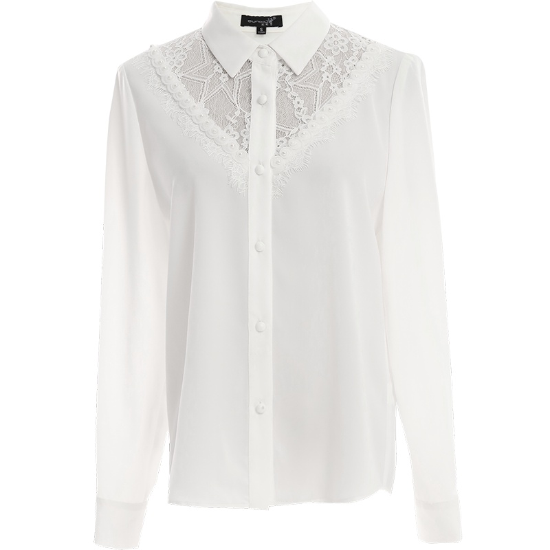 欧昵雪翻领拼接蕾丝直筒显瘦衬衫女洋气小众长袖上衣