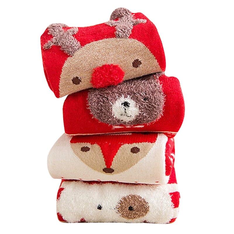 【顺丰配送】【4双礼盒装】圣诞袜子 红色新年袜秋冬季女士中筒袜本命年棉袜韩版立体卡通学院风保暖地板袜