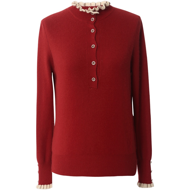 欧昵雪秋冬季小众立领混纺羊毛针织衫上衣女直筒长袖毛衣