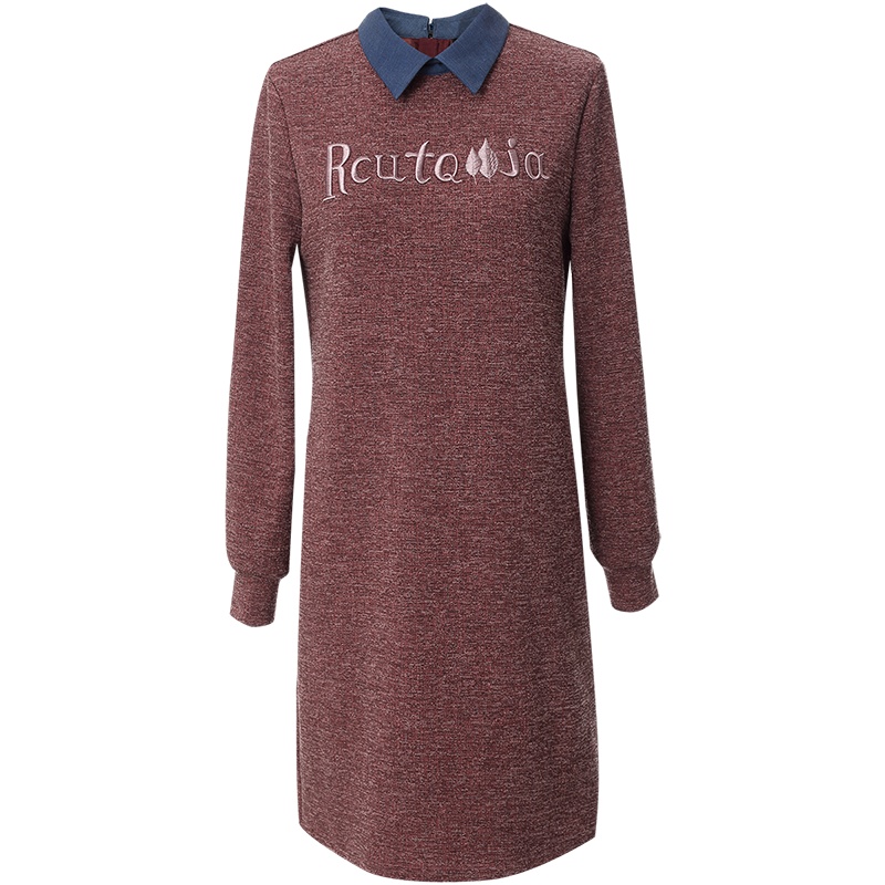 OUNIXUE欧昵雪 | [时尚字母绣花包臀裙]秋冬季休闲翻领长袖中裙直筒连衣裙女