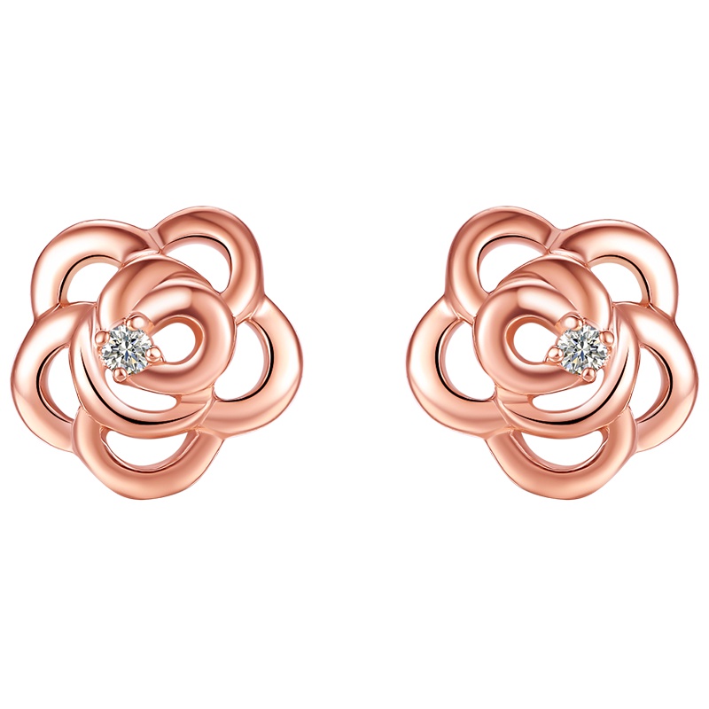 周六福玫瑰18K金桃花钻石耳钉1096