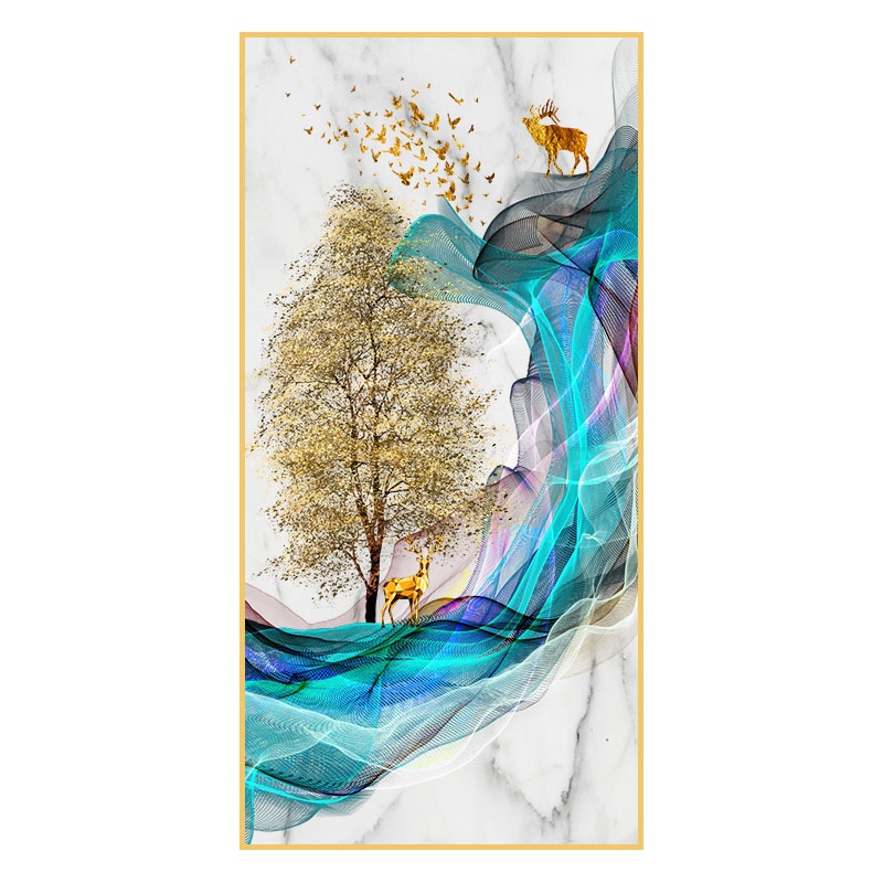 红绿蓝博艺新中式入户玄关装饰画金鹿高升现代简约客厅过道壁画北欧轻奢风墙面挂画50x100cm