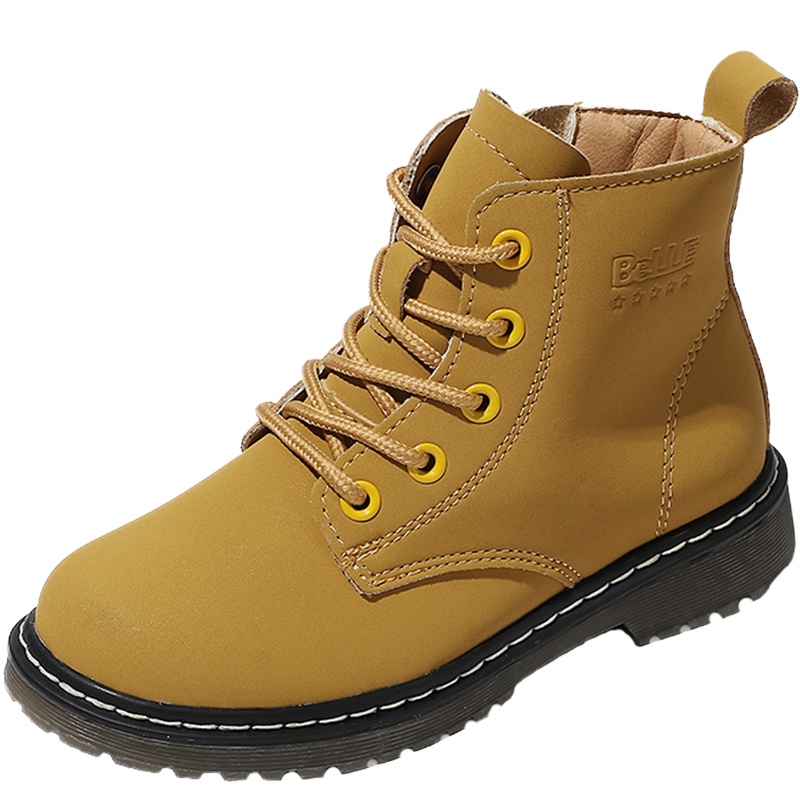 BELLE百丽童鞋儿童靴子2020年冬季男童女童加绒保暖马丁靴中童时尚小黄靴低筒DE1637