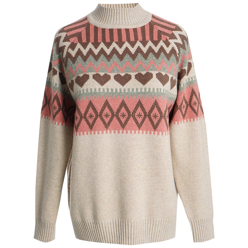 OUNIXUE欧昵雪 | [慵懒风混纺针织衫]冬季波普风罗纹拼接半高领宽松毛衣女