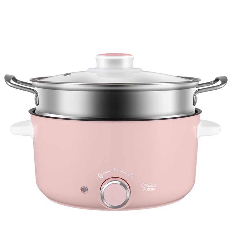 小浣熊电火锅30C樱花粉不粘带蒸笼款 家用多功能宿舍学生火锅小电锅炒菜蒸煮炖一体锅2人4