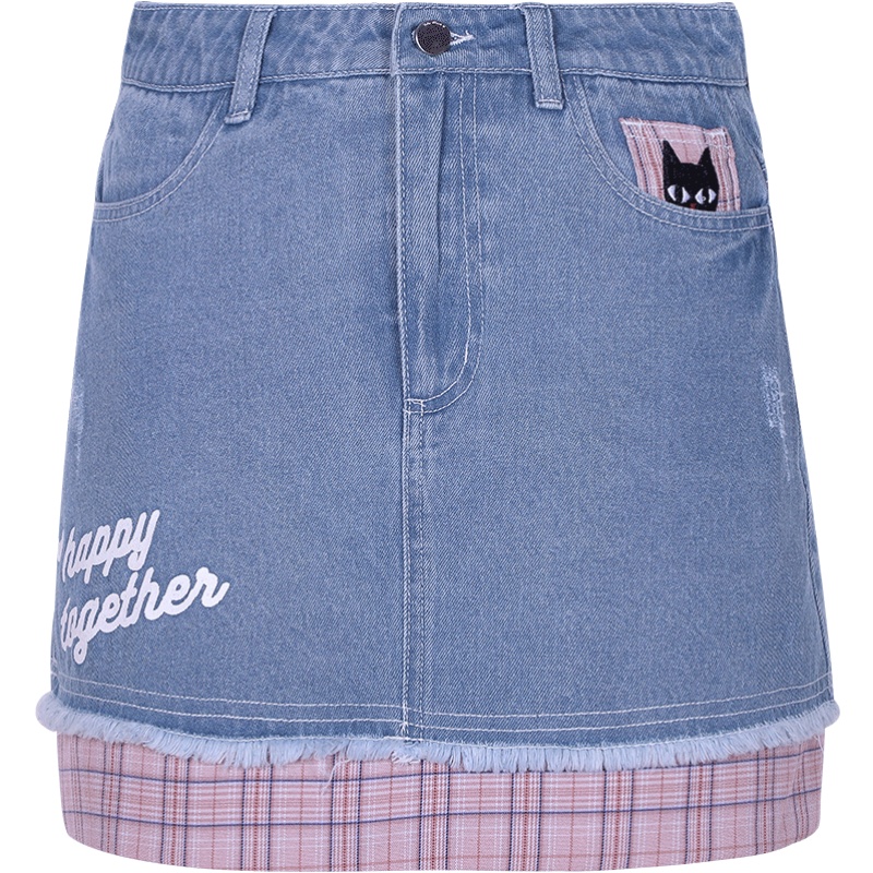 a02新款2020潮流字母印花格子拼接包臀裙牛仔短裙女DTV2D0161SK