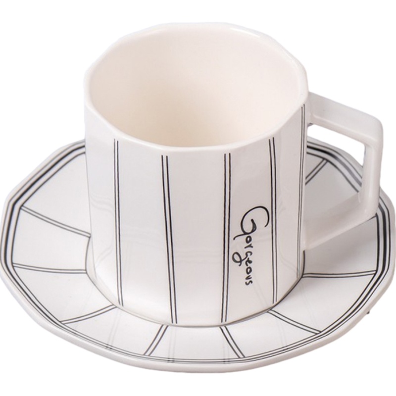 贝瑟斯 几何图案陶瓷杯简约喝水杯子带托盘咖啡杯陶瓷马克杯 竖纹