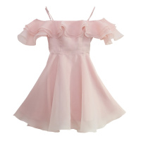 2019夏季新款泰国潮牌荷叶边层叠性感露肩甜美粉红A字裙