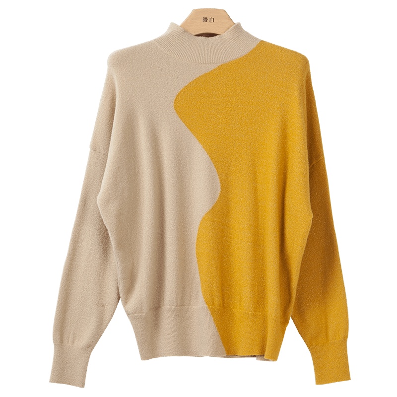 晚白2021春季新品个性拼色半高领长袖通勤休闲百搭毛衫针织衫毛衣女