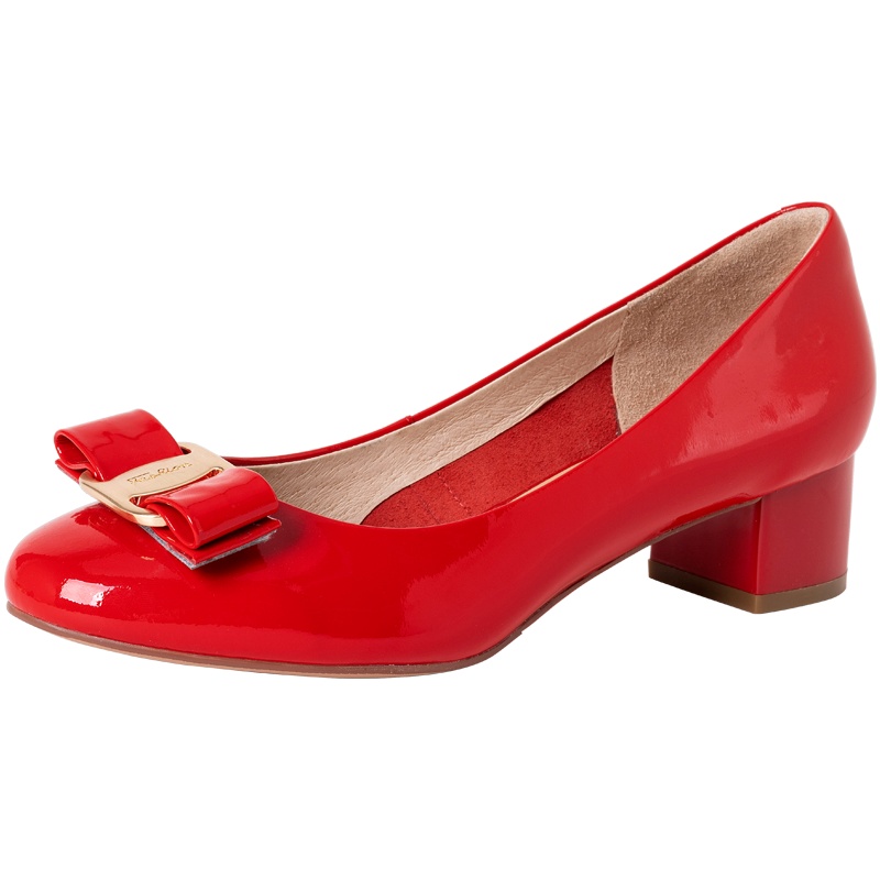 百田森牛漆皮时尚中跟小皮鞋女春季新款圆头甜美蝴蝶结单鞋女