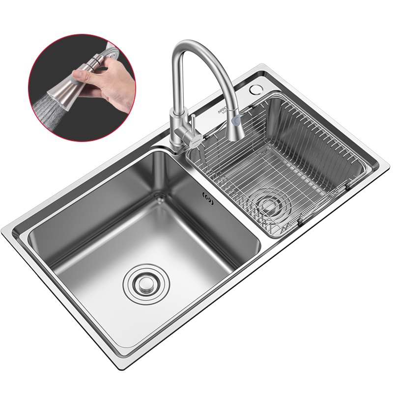 箭牌卫浴(ARROW)加厚304不锈钢水槽双槽不锈钢抽拉式冷热厨房水龙头 凯拉款抽拉槽套装 厨房洗菜盆AE558213G