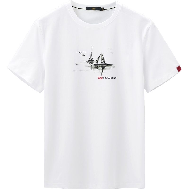 HLA海澜之家帆船印花短袖T恤2019夏季舒适圆领短T男HNTBJ2R264A