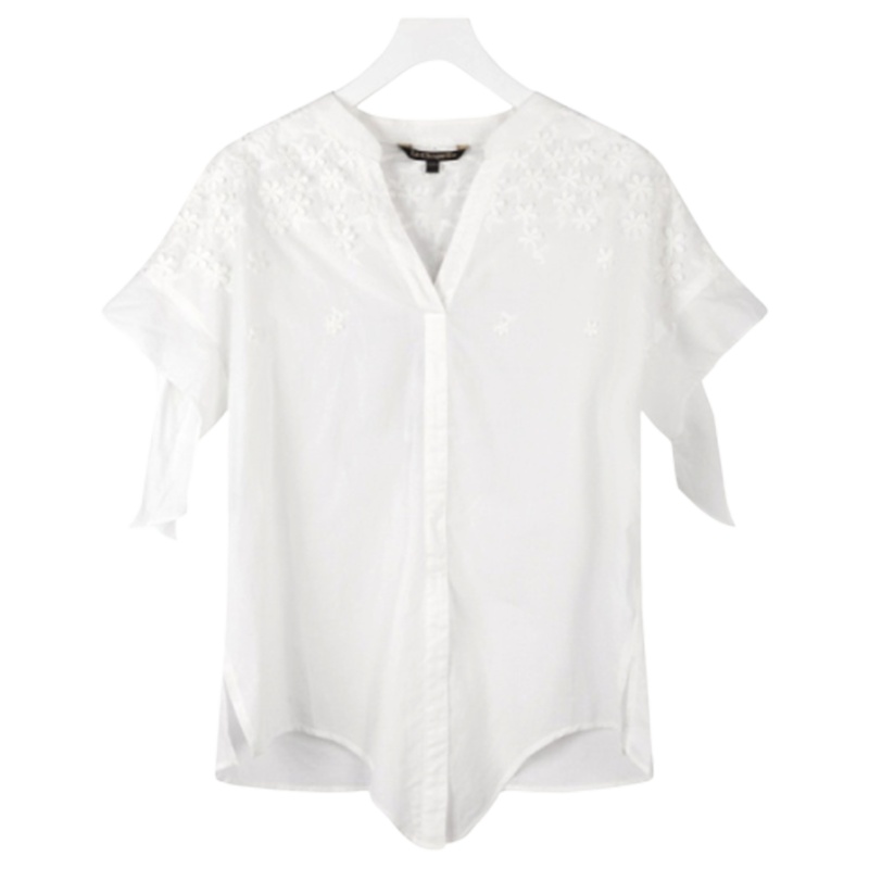 【专柜同款】拉夏贝尔女式气质白色衬衫短袖夏装女系带印花寸衫小清新V领上衣10016356
