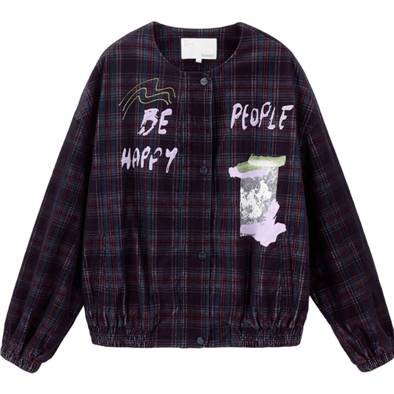 茵曼短外套女2019秋装新款棉质复古格纹圆领文艺印花宽松上衣