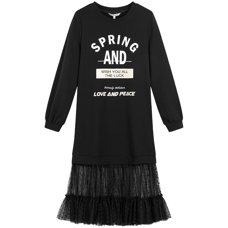 拉夏贝尔字母卫衣春季韩版黑色修身名媛蕾丝中长款长袖裙子宽松10015641