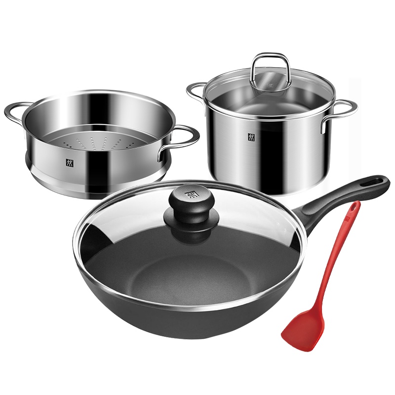 双立人(ZWILLING)中式不粘炒锅套装煎炒牛排锅汤锅炖锅蒸笼不锈钢厨具硅胶铲组合