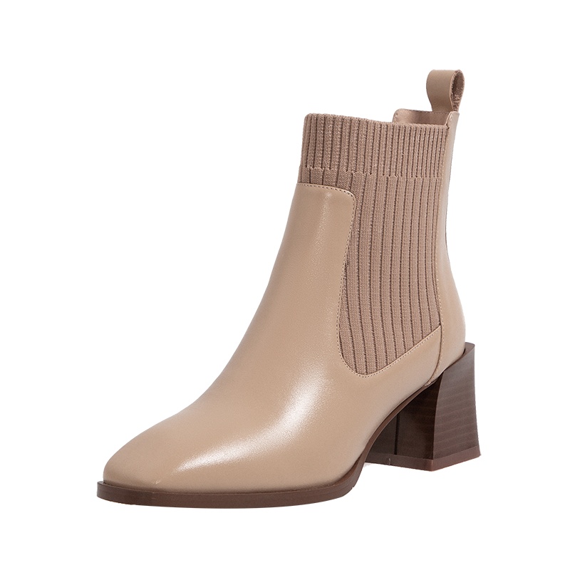 品点(Pandell)新款真皮粗跟短靴瘦瘦弹力袜靴牛皮百搭短筒马丁靴秋冬保暖女靴