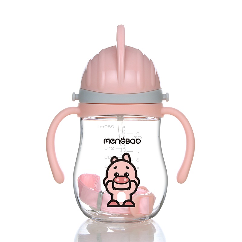 盟宝婴儿学饮杯防漏防呛宝宝吸管杯带手柄挂绳儿童防摔水杯280ml粉红