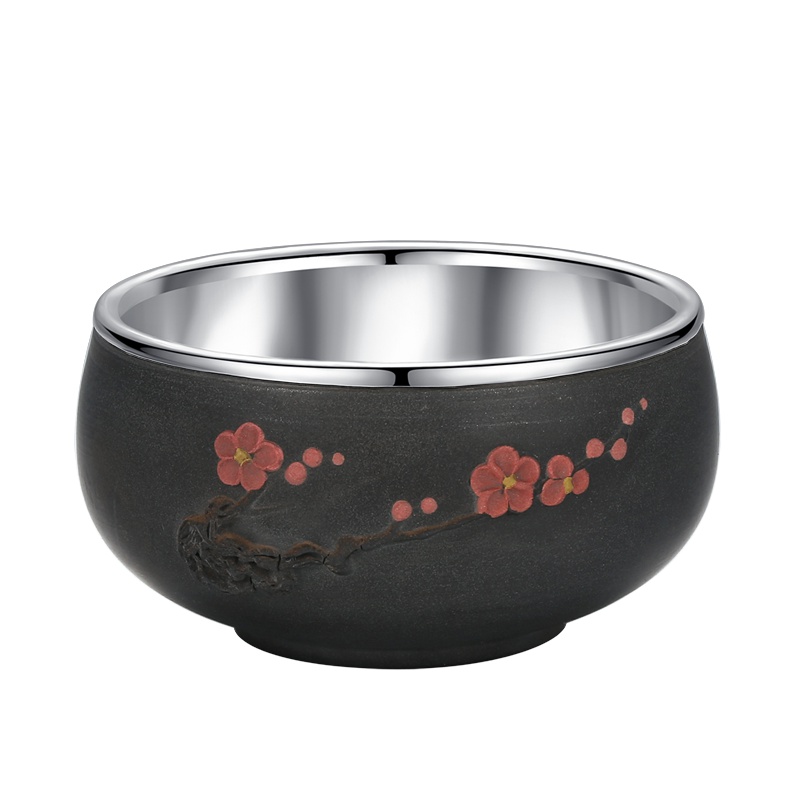 999纯银茶杯 主人杯单杯功夫银茶具 手工镶银陶瓷包银茶杯子建盏品茗杯用茶碗家 傲梅