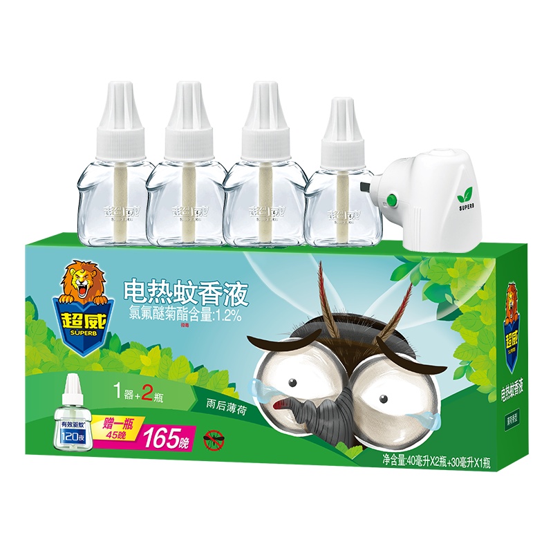 超威电热蚊香液雨后薄荷4液1器共225晚家用驱蚊灭蚊水插电式孕妇婴儿可用