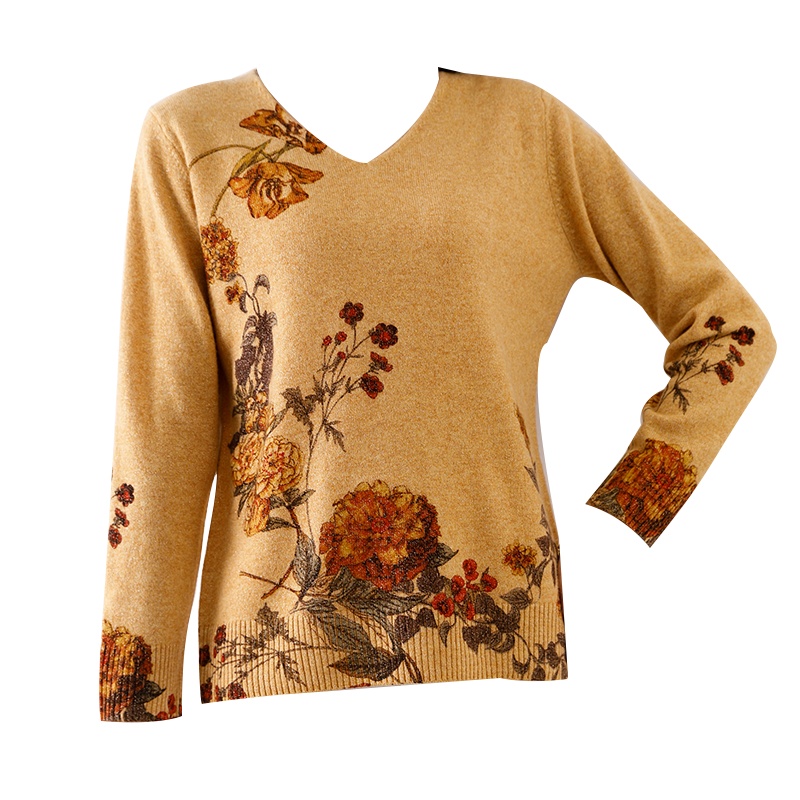 圣妮曼高贵印花羊毛针织V领长袖套衫