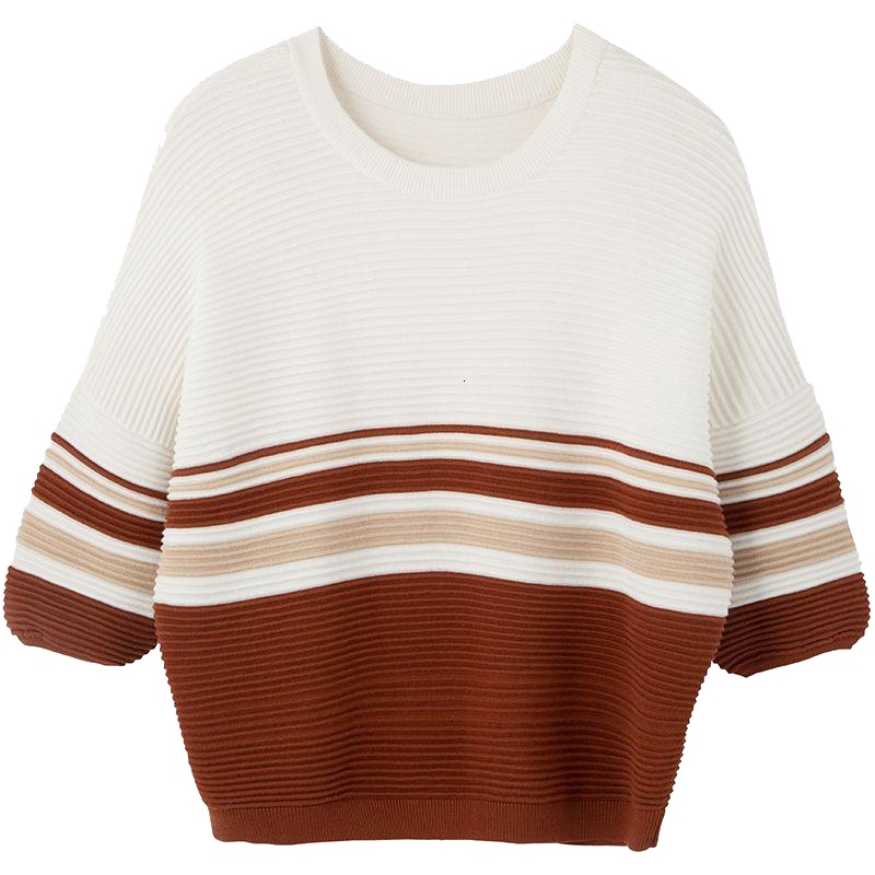 新款拉夏贝尔条纹拼接针织衫女装新款韩版宽松毛衫长袖薄套头毛衣1T000903