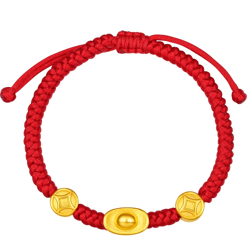 周大生黄金珠男女3D硬金足金金元宝手链编织手绳新款