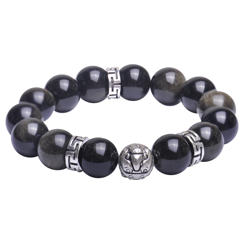 梦克拉Mkela 925银金曜石虎睛石玛瑙手链 稳雅 S925黑曜石手饰男款佛珠手串