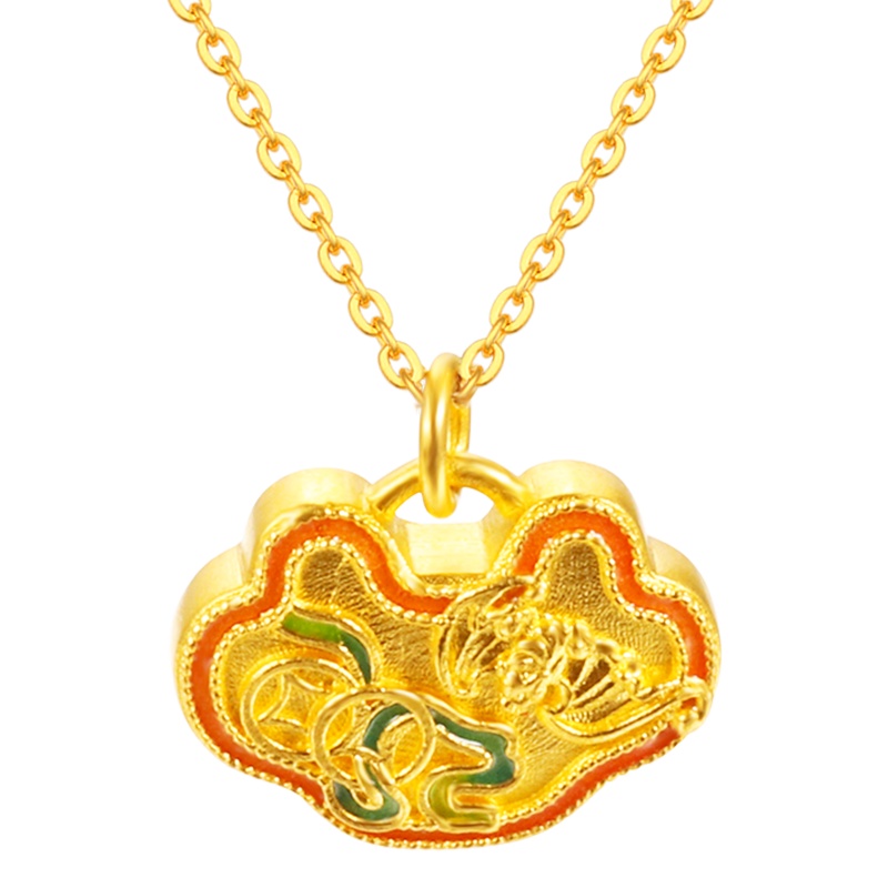 黄金码头足金999古法烧蓝福禄铜钱锁包吊坠送父母长辈爱人金坠子