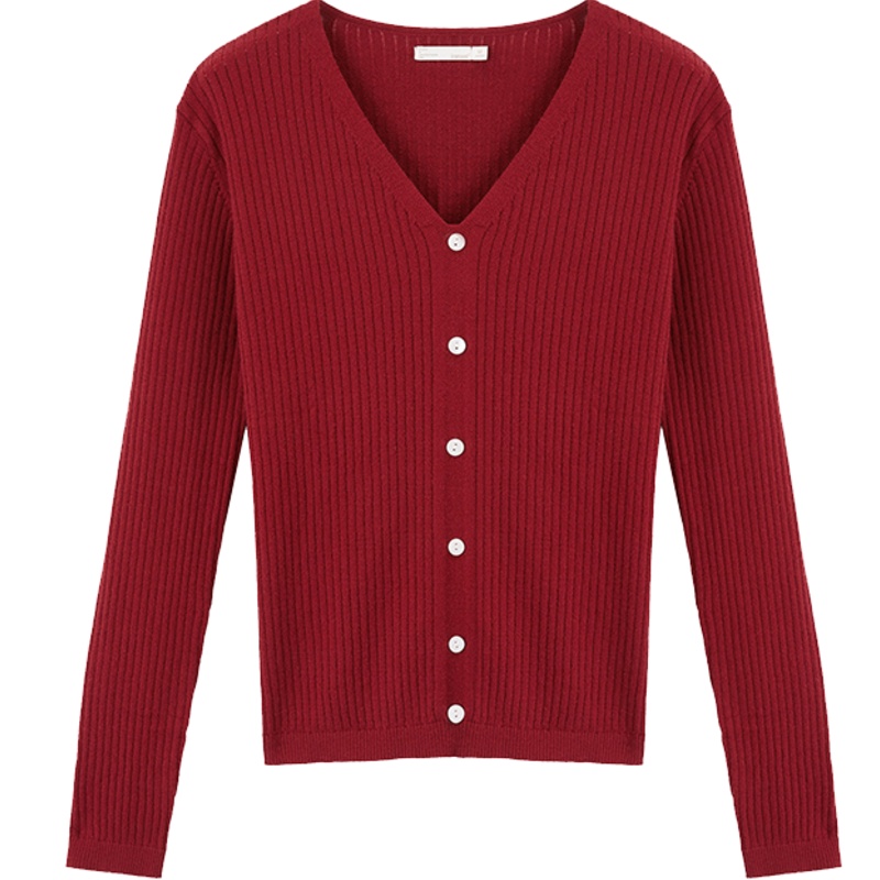 茵曼梨涡 短款套头V领夏加尔毛衣女长袖2019秋新款酒红色针织衫