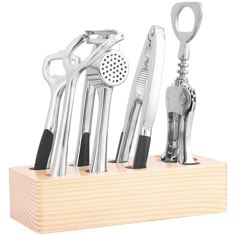 拜杰(Baijie)核桃夹子套装锌合金厨房小工具红酒开瓶器啤酒削皮器压蒜器家用六件套带底座 厨房六件套