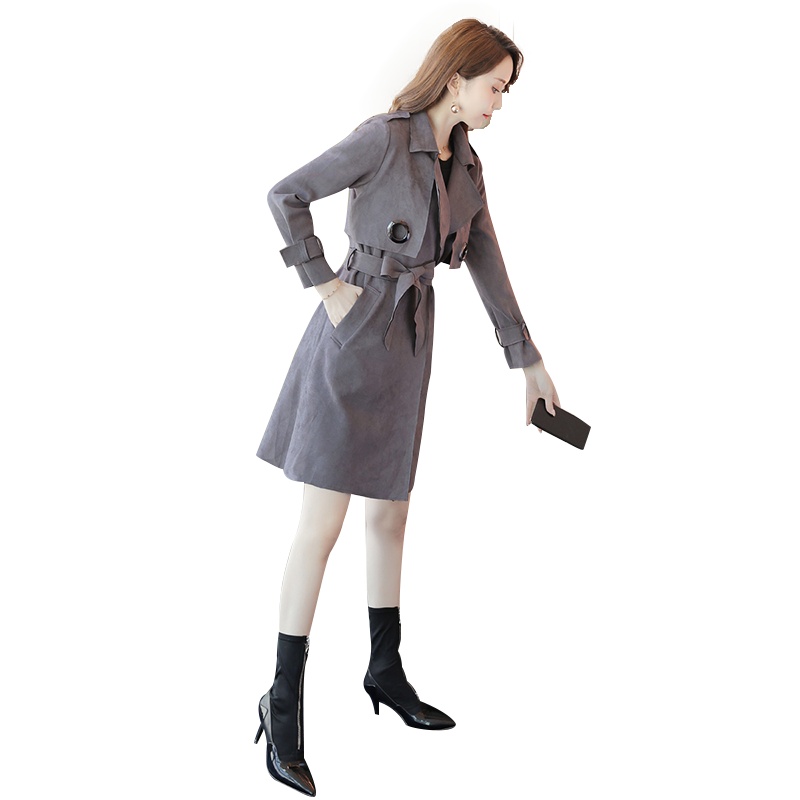 丝柏舍2019秋装女翻领纯色简约中长款风衣（有本布腰带）S93R4883F