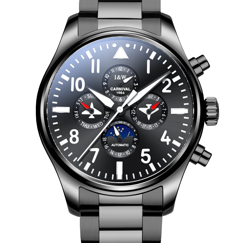 瑞士嘉年华Carnival手表男士机械表全自动机械表 男多功能真皮时尚大表盘休闲防水男表机械飞行员系列腕表8771