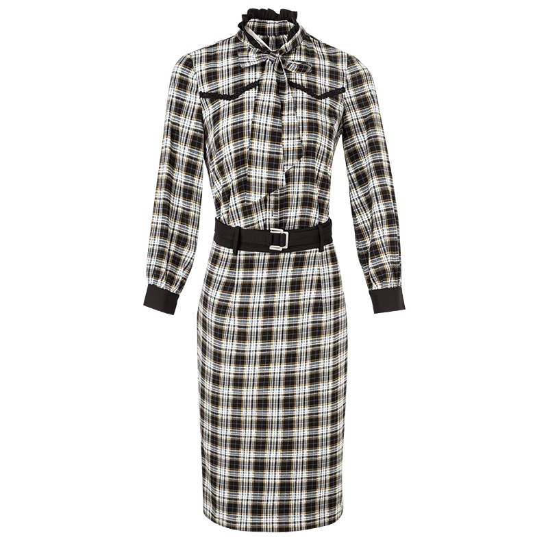 晚白2021春季新品英伦范格子系带领衬衫高腰包臀裙半裙时尚套装女