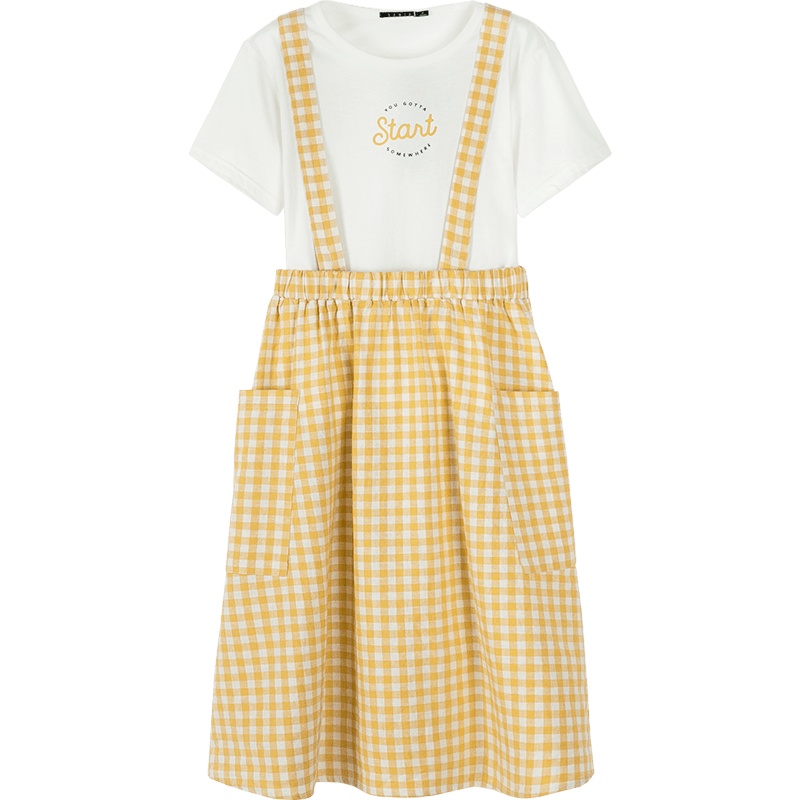 森马套装女2019夏季新款白色短袖T恤背带格纹裙圆领套头百褶裙