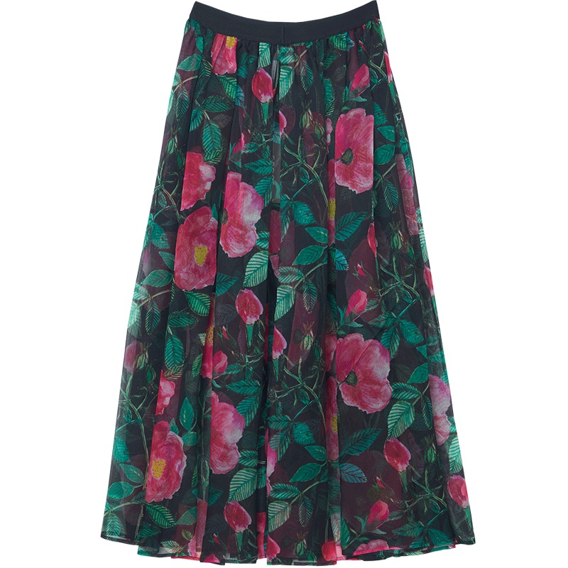 ERDOS 春夏刘雯同款英伦玫瑰松紧腰轻薄网纱感中长真丝A字女士半身裙