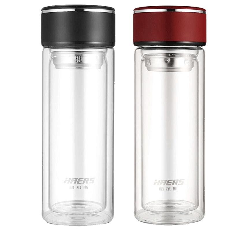 哈尔斯HAERS 300ml简约双层耐热商务办公玻璃杯防爆过滤茶杯泡茶水杯