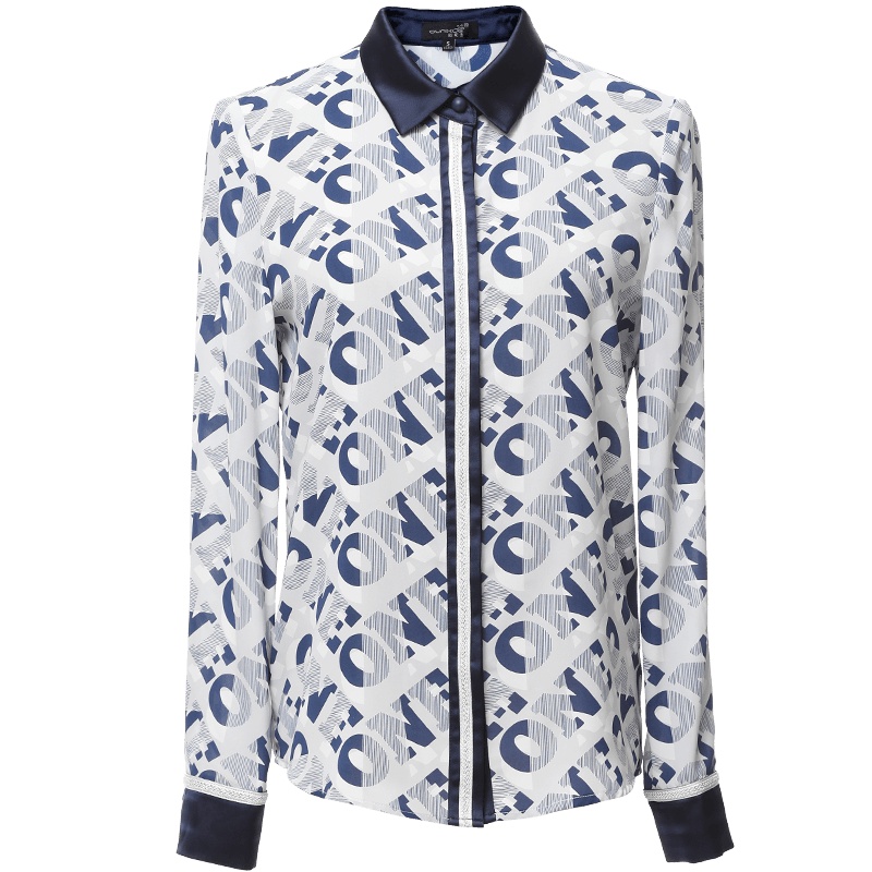 欧昵雪撞色衬衫女长袖OL气质时尚字母花色衬衣