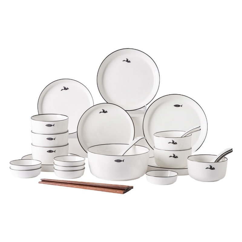 龙力 碗碟套装陶瓷餐具套装32头北欧釉下彩 飞鸟与鱼系列（QH）