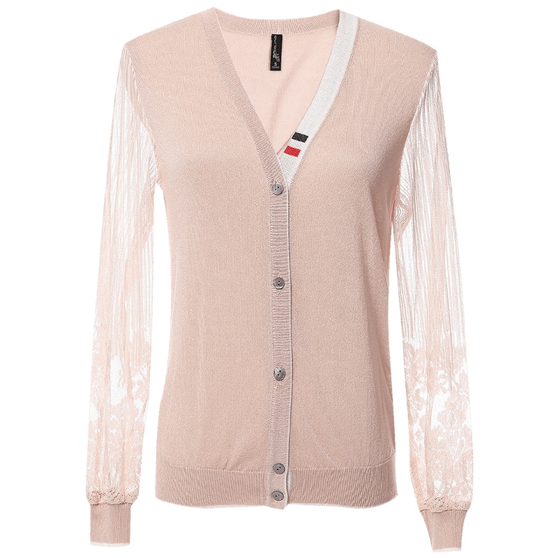 欧昵雪撞色V领拼接蕾丝长袖针织衫女宽松外套