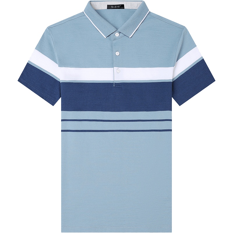 恒源祥夏季翻领套头短袖T恤男士条纹休闲中年短t潮上衣青年体恤衫