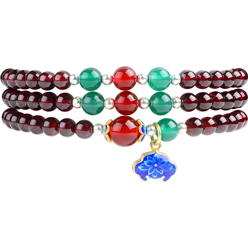 石头记酒红色石榴石手链女多层天然水晶手串配饰原创民族风饰品