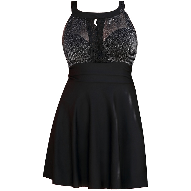 OOK连体裙式泳衣女士保守遮肚显瘦游泳衣大胸聚拢性感大码泳装新款 黑色