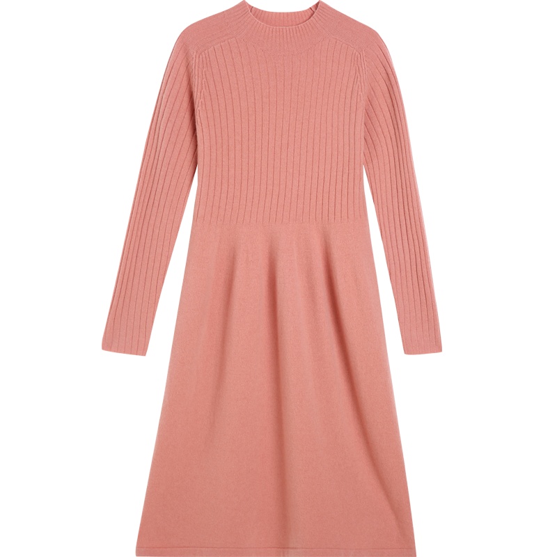 金菊秋冬新款半高领羊毛连衣裙宽松过膝中长款保暖包臀长裙